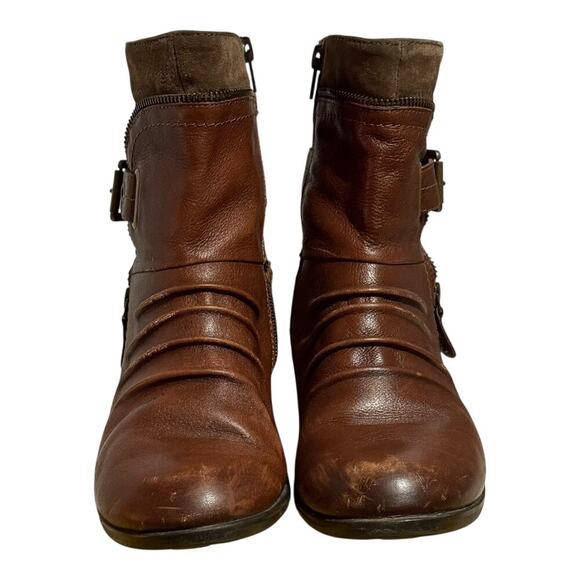Earth Origins Brown Ankle Boots Women's Size 8 M Zip Ruched Buckle Low Heel - Picture 2 of 8
